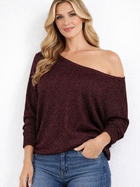 Guess Off-Shoulder Sparkle Knit Sweater in Deep Burgundy